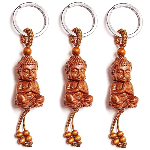 Sylbx 3 Pezzi Portachiavi Piccolo Portachiavi Con Buddha In Legno Legno Portachiavi Ciondolo A Forma Di Buddha,Accessori Per Chiavi Auto Fai-Da-Te Reg