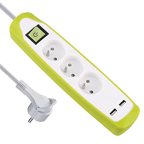 Electraline 35603 Multipresa Con 3 Prese E 2 Usb Cover In Silicone Protezione Contro Urti, Verde, 2 M