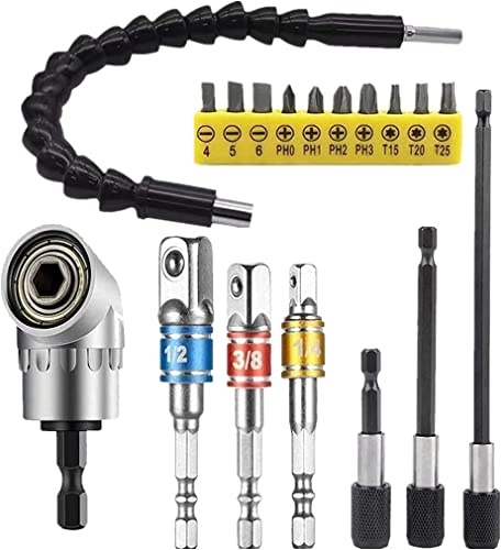 Huthuhnhn Set Di 3 Punte Per Trapano Con Codolo Flessibile, 1 Adattatore Per Avvitatore Ad Angolo Di 105 Gradi, Per Avvitatore A Batteria (1/4, 3/8, 1