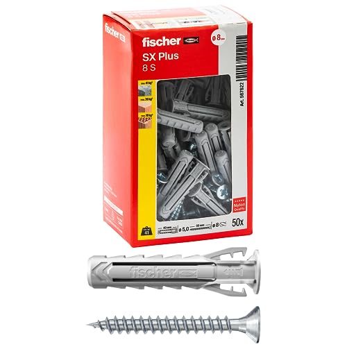 Fischer 50 Tasselli Sx Plus Con Vite 8X40 Mm Per Muro Pieno, Mattone Forato, Muratura, Calcestruzzo, Per Il Fissaggio Di Lampadari, Mobili, Pensili, M