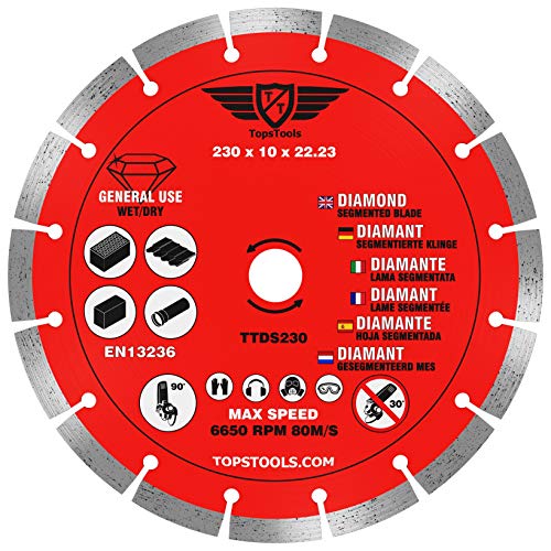 Topstools Ttds230 - Lama Per Sega Circolare Segmentata Diamantata Con Foro Segmentato, 230 X 10 X 22,23 Mm, Compatibile Con Bosch Dewalt, Makita Milwa