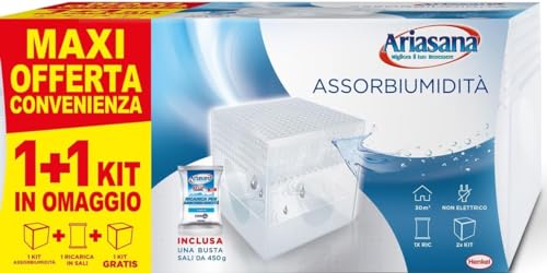Ariasana Kit Mini Deumidificatore Formato Convenienza 1+1, Assorbi Umidità Fino A 30 M², Assorbiumidità Anche Per Cantina, Stanzino, Bagno, Cucina, Ca