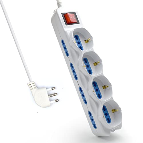 Multipresa A 12 Posti, Ciabatta Elettrica Con 12 Prese (4 Schuko/Tedesche + 8 Italiane 10A/16A) - Spina Italiana 16A - Potenza 250V/2500W - Cavo Da 1,