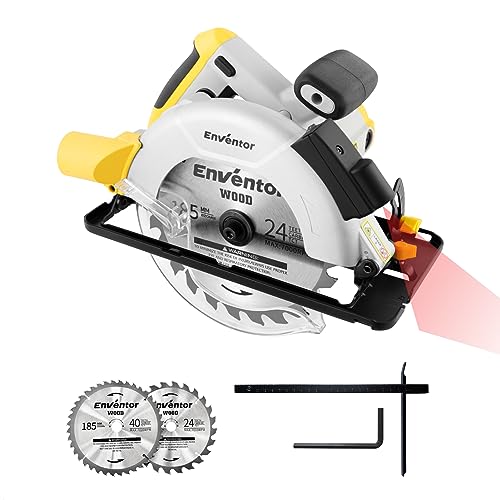 Enventor Sega Circolare 1200W, Sega Circolare Per Legno 5800Rpm, 2 Lame 24T+40T(Ø185Mm), Taglio 62Mm(90°)/42Mm(45°), Guida Laser, Motore Di Rame Puro,