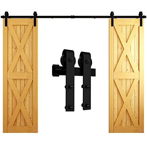 Ccjh Binario Per Porta Scorrevole Kit Doppia Anta Esterno Muro 8Ft-244Cm In Stile Rustico Classico Rulli Forma Hardware In Acciaio Al Carbonio Nero