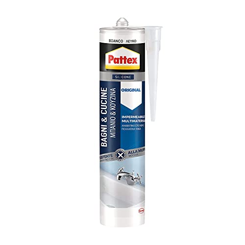 Pattex Bagni&Cucine Original Silicone Bianco, Silicone Cucina E Bagno Resistente Alla Muffa, Silicone Sigillante Impermeabile E Multimateriale, 1 Cart