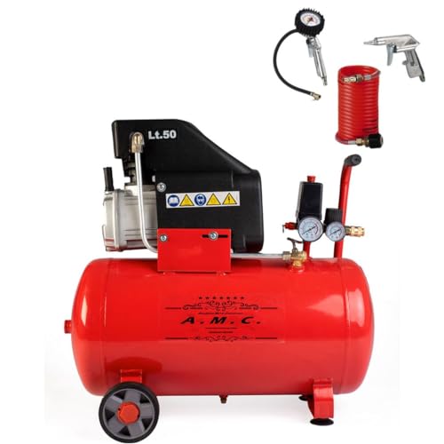 Amc Compressore Ad Aria Da 50 Litri Pressione 8 Bar Elettrico Coassiale 2 Hp Incluso Kit Accessori Salva Spazio Motore Potente Termicamente Silenziato