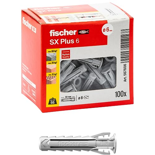 Fischer 100 Tasselli Sx Plus 6X30 Mm Per Muro Pieno, Mattone Forato, Muratura, Calcestruzzo, Per Il Fissaggio Di Lampadari, Mobili, Pensili, Mensole,