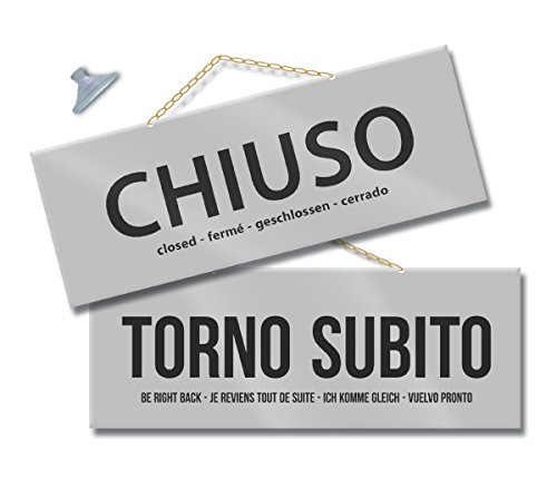 Cartello Chiuso E Torno Subito Negozio Vetrina Studio Laboratorio Officina Bottega (Argento)