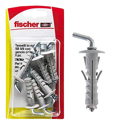 Fischer 6 Tasselli Sb 9 Con Gancio Corto, Universali Per Il Fissaggio Di Lampade, Specchi, Mobili Su Muro E Cemento, 504448