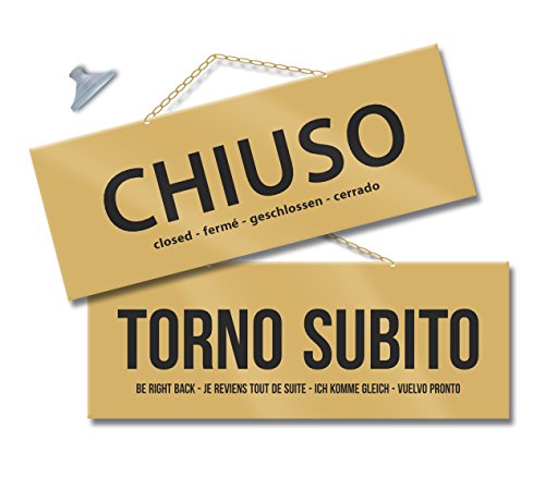 Maxi Cartello Chiuso E Torno Subito Per Negozio Vetrina Studio Laboratorio Officina Bottega (Oro/Oro)