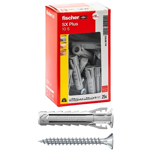 Fischer 25 Tasselli Sx Plus Con Vite 10X50 Mm Per Muro Pieno, Mattone Forato, Muratura, Calcestruzzo, Per Il Fissaggio Di Lampadari, Mobili, Pensili,