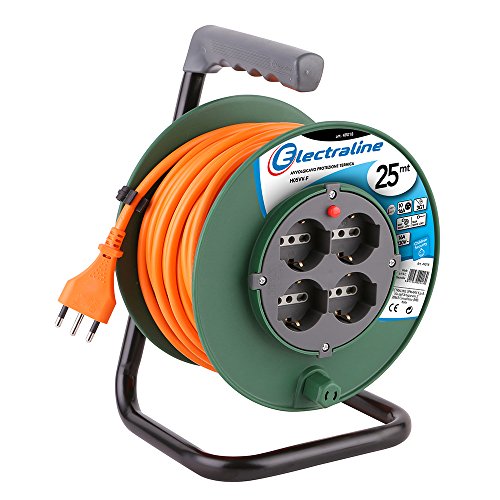 Electraline 49108 Prolunga Elettrica 25 Mt Con Avvolgicavo 4 Prese Polivalenti (Schuko + 10/16A) Spina Grande 16A, Con Protezione-Sezione Cavo 3G1 Mm²