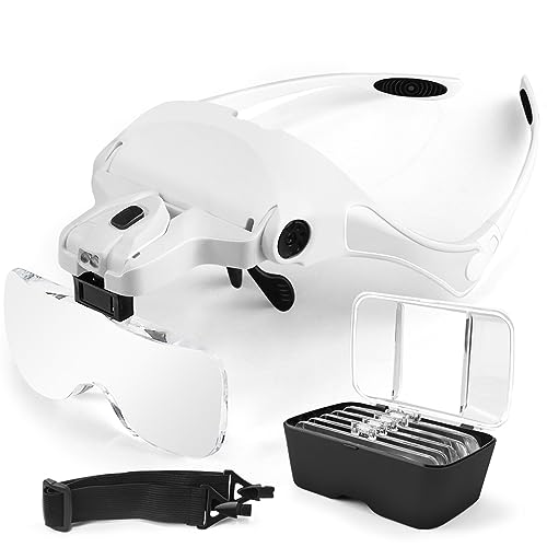 Autopkio Lenti D'Ingrandimento, Regolabile Mani Libere Magnifier Con 2 Luce Led Occhiali Per La Riparazione, Artigianato, Intercambiabili 5 Lenti 1.0X