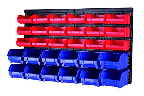 Maxworks 80694 30-Bin Wall Mount Parts Rack/Storage Per I Vostri Dadi, Bulloni, Viti, Chiodi, Perline, Bottoni, Altre Piccole Parti, Blu E Rosso