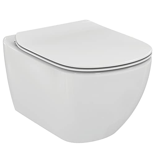 Ideal Standard - Tesi, Wc Sospeso Aquablade Con Fissaggi Nascosti, Copriwater Sottile Con Chiusura Normale, Bianco