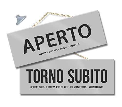 Cartello Aperto E Torno Subito Negozio Vetrina Studio Laboratorio Officina Bottega (Argento)