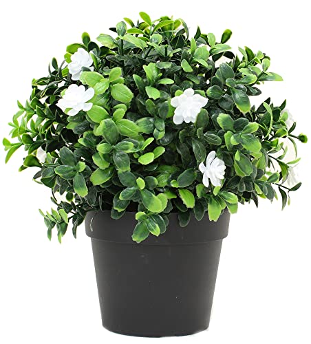 Verdelook Piantina Artificiale Decorativa Gelsomino Con Foglie In Pvc, 9.5X9.5 H20 Cm, Verde Con Fiori Bianchi, Piante Finte