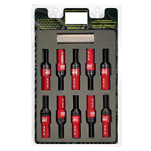 Omp Speed Set 20 Viti A Ruota Nere Con Metrica M14X1.25 Chiave Da 17-19 Lunghezza Filettata Da 28 Mm Con Protezione Rossa In Alluminio 7075 + Din 12.9