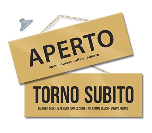 Maxi Cartello Aperto E Torno Subito Per Negozio Vetrina Studio Laboratorio Officina Bottega (Oro/Oro)