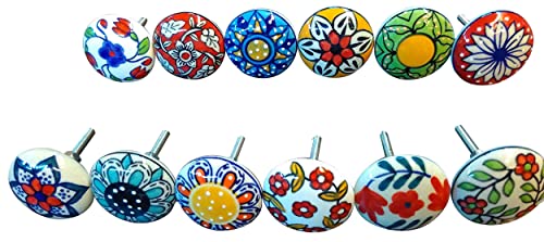 Ajuny - 12 Pomelli In Ceramica Con Motivo Floreale, Effetto Vintage, Multicolore