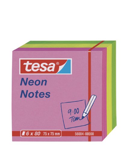 Tesa Notes Foglietti Adesivi, 6 X 80 Fogli, Verde/Giallo/Rosa, 7,5 Cm X 7,5 Cm