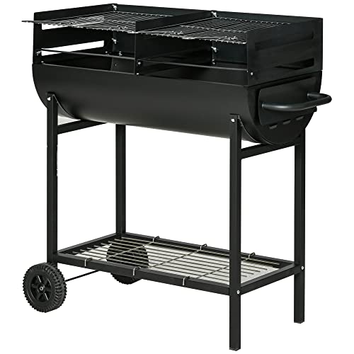 Outsunny Barbecue In Acciaio Con 2 Griglie Indipendenti, 2 Ruote E Ripiano Inferiore | Nero | 90Cm X 45Cm X 96Cm