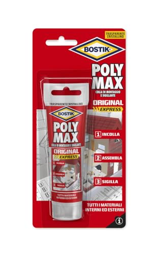 Bostik Poly Max Cristal Express Colla Di Montaggio E Sigillante Universale Super Rapido E Super Forte, 100% Cristallino Blister 75G Trasparente