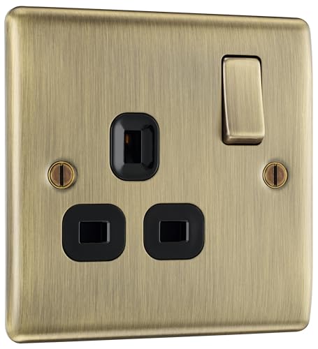 Bg Electrical Presa Di Corrente Singola Con Inserti Neri, Ottone Anticato, 13 Amp