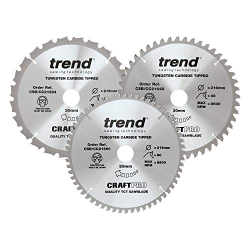 Trend Confezione Tripla Di Lame Circolari Craftpro Tct, Diametro 216 Mm X 24, 48 E 60 Denti X Foro 30 Mm, Punta In Carburo Di Tungsteno, Csb/Cc21048,