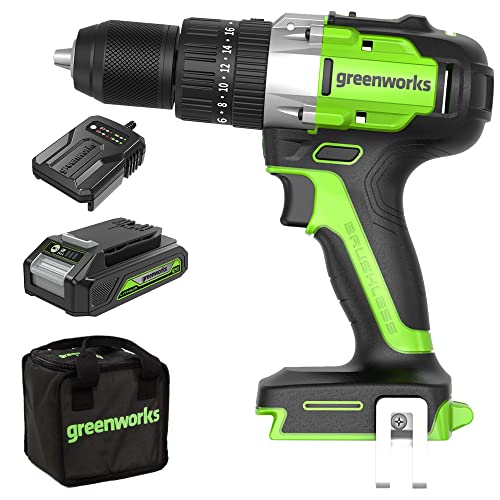 Greenworks Gd24Dd60K2 Trapano Avvitatore A Batteria Con Motore Brushless, 0-1750 Giri/Min, 2 Marce, 60Nm Di Coppia, Custodia Per Il Trasporto, Batteri