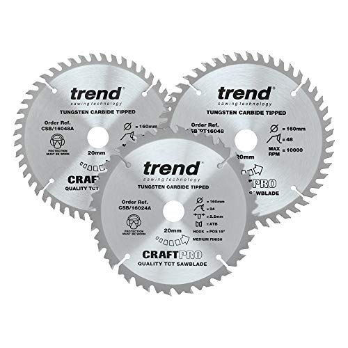 Trend Confezione Tripla Di Lame Circolari Craftpro Tct Da 160 Mm, Contiene Il Csb/16024A, Il Csb/16048A, E Il Csb/Pt16048A, Punta In Carburo Di Tungst