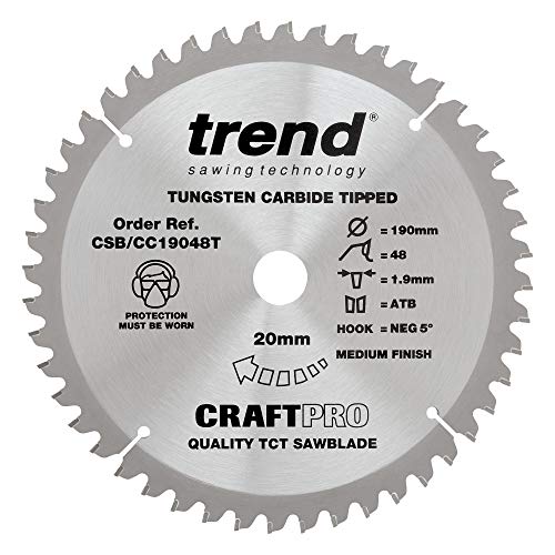 Trend Lama Per Sega Craftpro Tct A Gancio Negativo, Diametro 190 Mm X 48 Denti X Foro 20 Mm, Punta In Carburo Di Tungsteno, Csb/Cc19048T