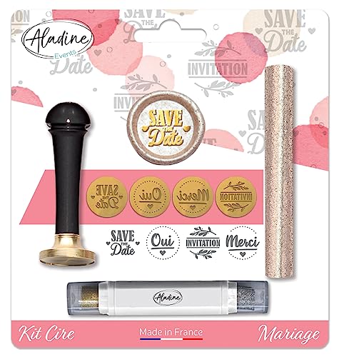 Aladine - Kit Di Cera Per Sigillatura Per Matrimonio - Scrapbooking E Carterie Creative - Cera + Manico + Bastone Di Finitura + 4 Sigilli Tematici In