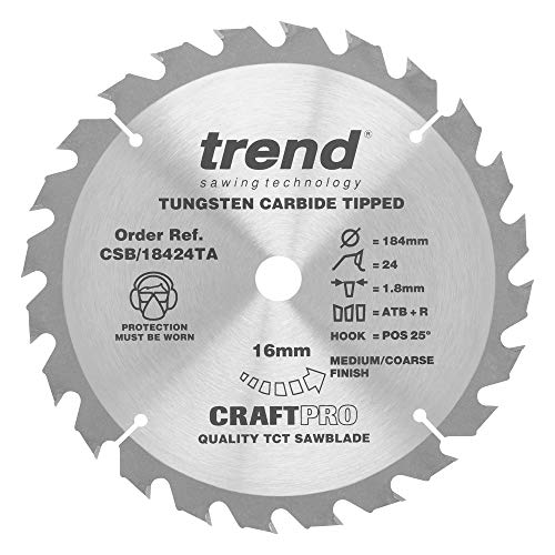 Trend Craftpro Csb/18424Ta - Lama Per Sega A Taglio Sottile Senza Fili Tct Per Legno, Diametro 184 Mm, Foro 16 Mm, 24 Denti, Taglio 1,8 Mm, Gancio +15