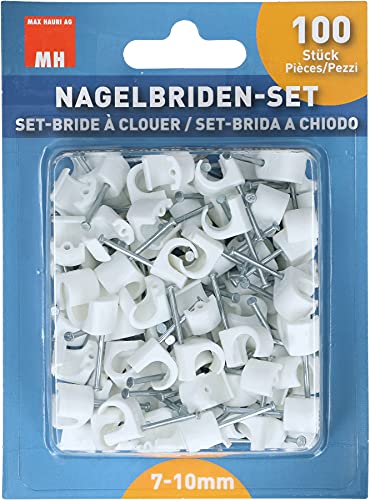 Max Hauri 135545, Set-Brida A Chioda, Per Cavi Con Diametro 7-10 Mm, Chiodi D'Acciaio Zincato, Bianco, Confezione Da 100 Pezzi