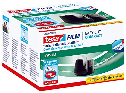 Tesa Easy Cut Deskdispenser Compact Zwart Inlc 1 Rol Tesafilm Invisible 33M X 19Mm