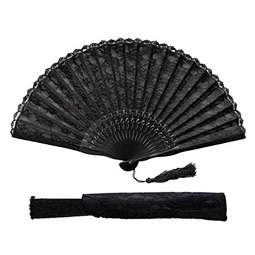 Eastern Wind, Ventaglio In Pizzo Nero, Con Sacchetto Regalo In Pizzo, In Bambù, Da Donna, 22 X 40 Cm