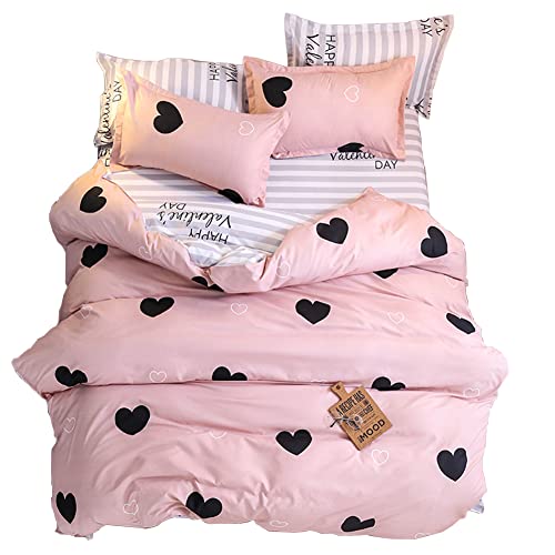 Ed-Lumos Set Copripiumino Per Letto Singolo Con Lenzuola Piane, 2 Federe, Motivo Cuore, Rosa, 4 Pezzi
