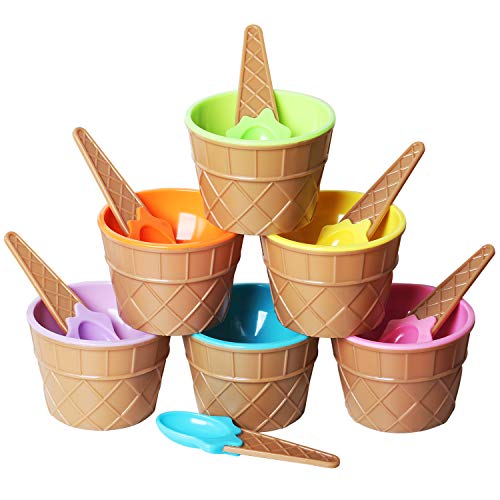 Trixes Set Di 6 Coppette In Plastica Per Gelato, Cucchiai Coordinati, Colori Assortiti
