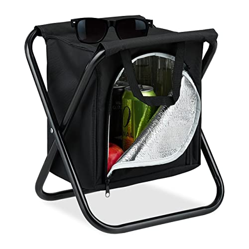 Relaxdays Sgabello Da Campeggio Con Borsa Termica, Pieghevole, Sedia Da Pesca, Fino A 100 Kg, Hlp: 34 X 32 X 26 Cm, Nero, 1 Pz