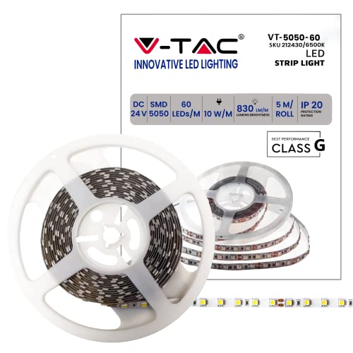 V-Tac Striscia Led Da Interno Smd 5050 10W - 5 Metri - Striscia Led Adesiva Per Casa, Cucina, Camera, Ambienti Interni - Luce Bianca Fredda 6500K - St