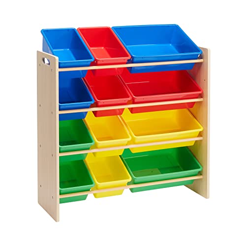 Amazon Basics Organizer Per Giocattoli Per Bambini Con 12 Contenitori In Plastica, In Legno Naturale Con Contenitori Luminosi, 27.7 Cm X 85.3 Cm X 79 