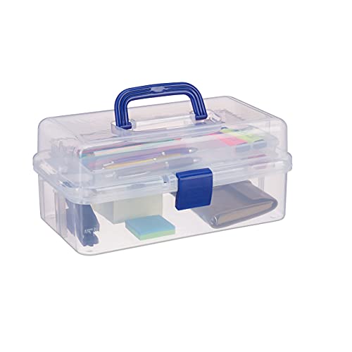 Relaxdays Scatola Trasparente Plastica, 9 Scomparti Per Oggetti, Maniglia E Chiusura A Scatto, 14X33X19,5 Cm, Blu