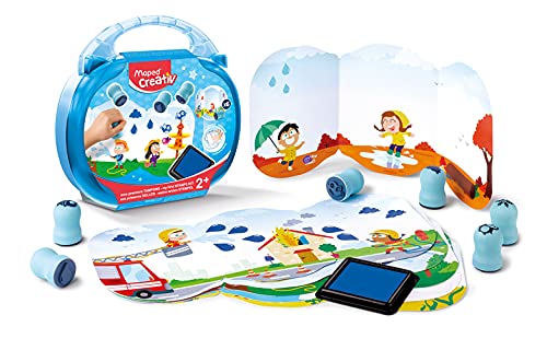 Maped Creativ Early - Kit Inchiostratore Tematico Con Acqua, Valigetta Per Il Trasporto + 6 Timbri + 1 Inchiostratore Blu Creativo Per Neonati E Bambi