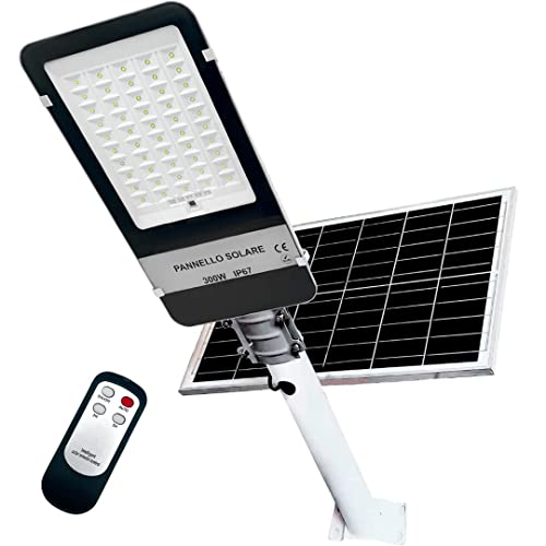 Maka Lampione Con Pannello Solare 300W Monocristallino Led Esterno Con Palo Telecomando 120 Macro Led Impermeabile Ip66 Faro Luce Fredda 6500K 12 Ore 