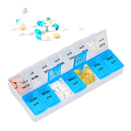 Relaxdays Portapillole 7 Giorni, Scomparti Mattino E Sera, In Inglese, Contenitore Per Farmaci Settimanale, Bianco Blu
