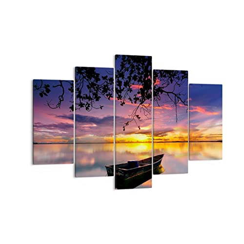 Quadro Su Tela 150X100Cm Stampe Da Parete Barca Tramonto Lago Cielo Grandi Decorazione Murale Camera Da Letto Cucina 5 Pezzi Quadri Moderni Soggiorno
