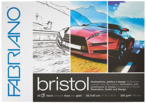 Honsell Fabriano Bristol 19002942 - Cuscinetto Din A3, 250 G/M², Superficie Ultra Liscia, Molto Resistente Alla Cancellazione, Ideale Per Illustrazion