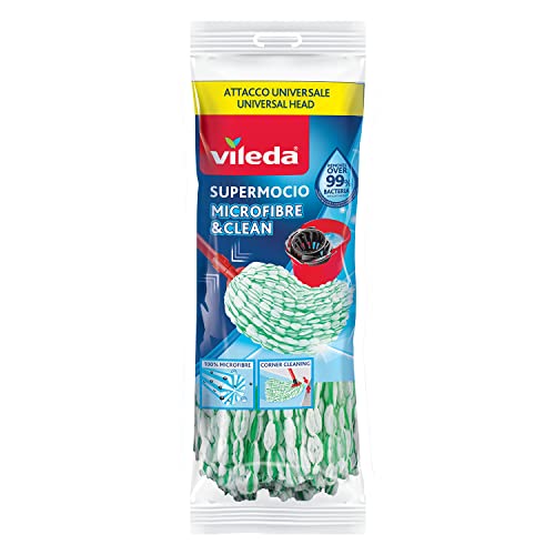 Vileda Supermocio Microfibre & Clean Ricambio, Confezione Da 1, Compatibile Con Manici E Con Attacchi A Vite Universali, Rimuove Oltre Il 99% Dei Batt